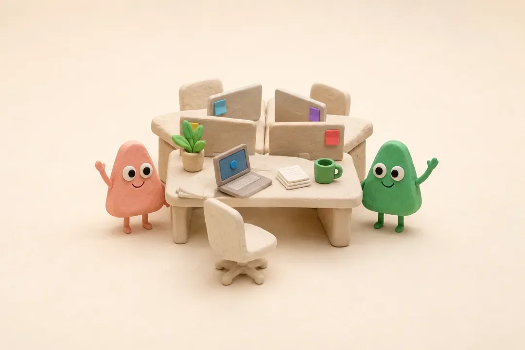 クレイ細工のイラスト：空いた椅子がひとつ用意された机の島で、桃色と緑色のAlgoくんが手を振って迎えている