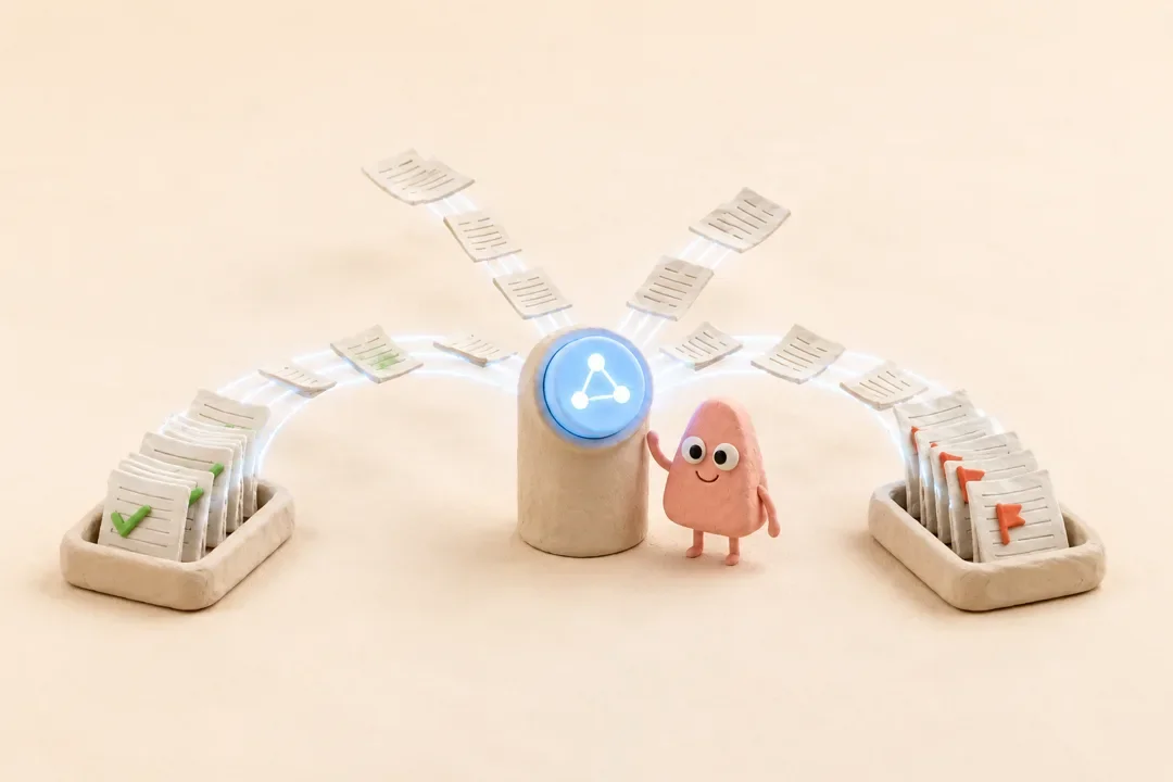クレイ細工のイラスト：光るAIパネルが書類を判定し、チェック済みと要確認の2つのトレイへ振り分けている