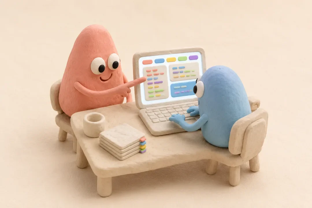 クレイ細工のイラスト：桃色のAlgoくんが水色の受講生の隣で、ノートPCの画面を一緒に見ながら指導している