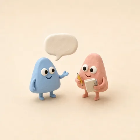 クレイ細工のイラスト：水色のAlgoくんの話を、桃色のAlgoくんがメモを取りながら聞いている