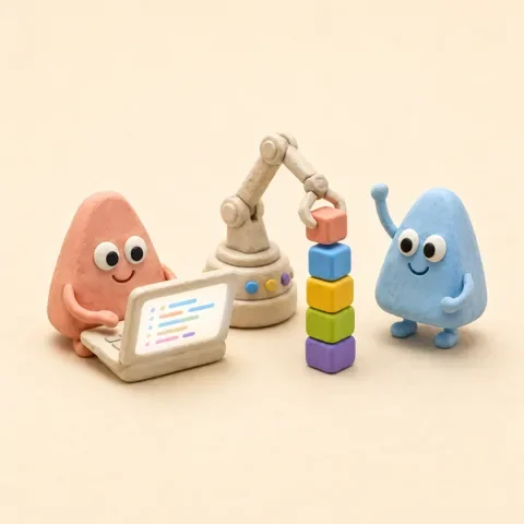 クレイ細工のイラスト：桃色のAlgoくんがノートPCで開発し、ロボットアームがブロックを積み上げ、水色のAlgoくんが見守っている