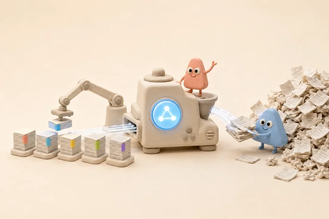 クレイ細工のイラスト：水色のAlgoくんが渡した乱雑な書類を、光るAIボタン付きの機械とロボットアームが色タブ付きの整った山に仕分けている